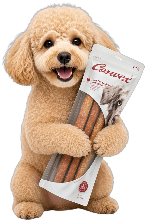 Apricot poodle hugging Corwex chew pouch